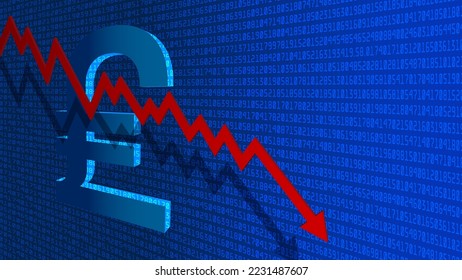 Vector economic European poster. 3d british pound sign and a falling red arrow graph with a shadow on the background of a lot of numbers. Finance collapse. Glow screen