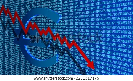 Vector economic European poster. 3d blue euro sign and a falling red arrow graph with a shadow on the background of a lot of numbers. Finance collapse. Glow screen