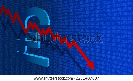 Vector economic European poster. 3d british pound sign and a falling red arrow graph with a shadow on the background of a lot of numbers. Finance collapse. Glow screen