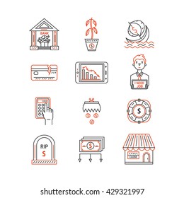 Vector economic and financial crisis icons set  in linear style.  Financial bankruptcy  and unemployment concepts isolated on white background. Infographics design elements. 