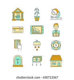 Vector economic and financial crisis icons set  in linear style.  Financial bankruptcy  and unemployment concepts isolated on white background. Infographics design elements. 
