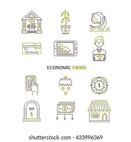 Vector economic and financial crisis icons set  in linear style.  Financial bankruptcy  and unemployment concepts isolated on white background. Infographics design elements. 