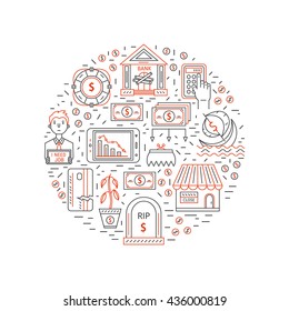Vector economic and financial crisis icons set  in circle. Financial bankruptcy  and unemployment concepts in linear style isolated on white background. Infographics design elements. 