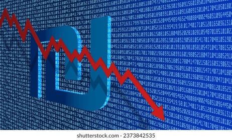 Vector economic and financial poster. 3d blue symbol of the Israeli new shekel and a falling red arrow with a shadow on the background of a large number of numbers. Crisis and collapse.