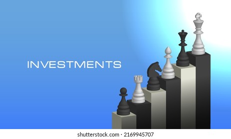 Vector economic poster. 3d black and white chess pieces on a stylistic ladder and the inscription investment. Volumetric figures, pawn, rook, knight, bishop, queen and king. Blue glowing background