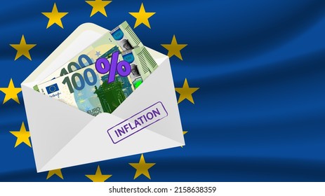Afiche económico vectorial de Europa. Sobre con billetes de 100 euros, la inflación de la inscripción, el porcentaje del signo en el fondo de la bandera ondulada de la Unión Europea