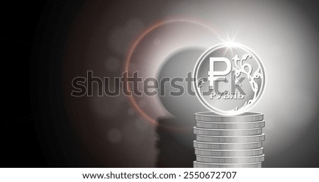 Vector economic poster or placard template. Shining coin, denomination of 1 ruble of Russian Federation, standing on stack of coins. Bright glare, glowing radiant spots. Business and economics