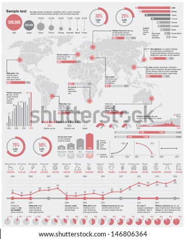 Vector economical and  industrial infographic elements. World map, charts, related icon set