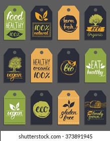 Vector eco,organic,bio logo cards templates.12 handwritten healthy eat retro logotypes set. Vegan, natural food and drinks signs. Farm market, store icons collection. Raw meal badges, labels.
