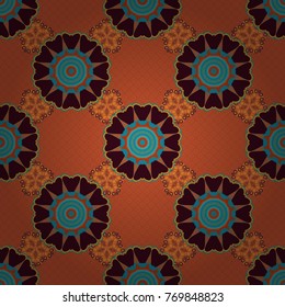 Vector eco-styled background. Fabric, wallpaper, cloth and textile design. Modern urban dazzle paint. Abstract brown, blue and orange psychedelic print. Seamless impressive Mandalas pattern.