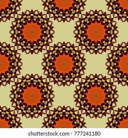 Vector eco-styled background. Fabric, wallpaper, cloth and textile design. Modern urban dazzle paint. Abstract orange, beige and brown psychedelic print. Seamless impressive Mandalas pattern.