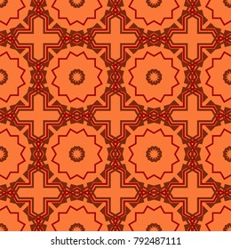 Vector eco-styled background. Fabric, wallpaper, cloth and textile design. Seamless impressive Mandalas pattern. Modern urban dazzle paint. Abstract red, brown and orange psychedelic print.