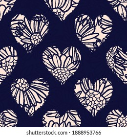 Vector ecru flowers hearts dark seamless pattern