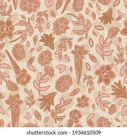 Vector ecru pink brown flowers seamless pattern 
