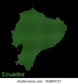 Vector Ecuador map dotted silhouette with green dots on a black background (as on old ancient computers running DOS)
