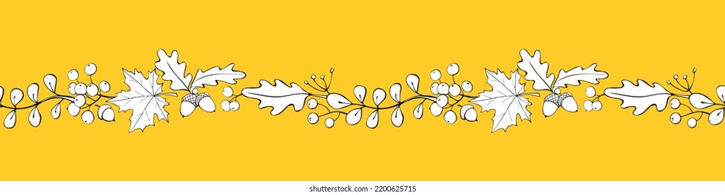 Borde vectorial, cinta, borde de coloridas hojas de otoño, bayas. Naturaleza, otoño, verano sin soldadura, adorno, elemento decorativo, decoración de estilo plano doodle