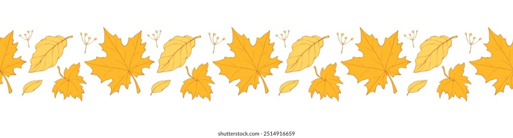 Vector edging, ribbon, border from colorful autumn leaves. Nature, autumn, summer seamless pattern, ornament, decorative element, decoration in doodle flat style