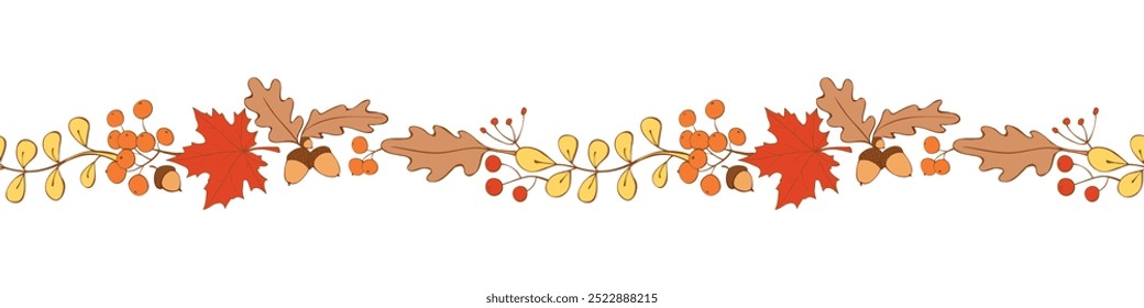 Vector edging, ribbon, border from colorful autumn leaves, berries, acorns. Nature, autumn, summer seamless pattern, ornament, decorative element, decoration in doodle flat style