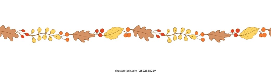 Vector edging, ribbon, border from colorful autumn leaves, berries. Nature, autumn, summer seamless pattern, ornament, decorative element, decoration in doodle flat style