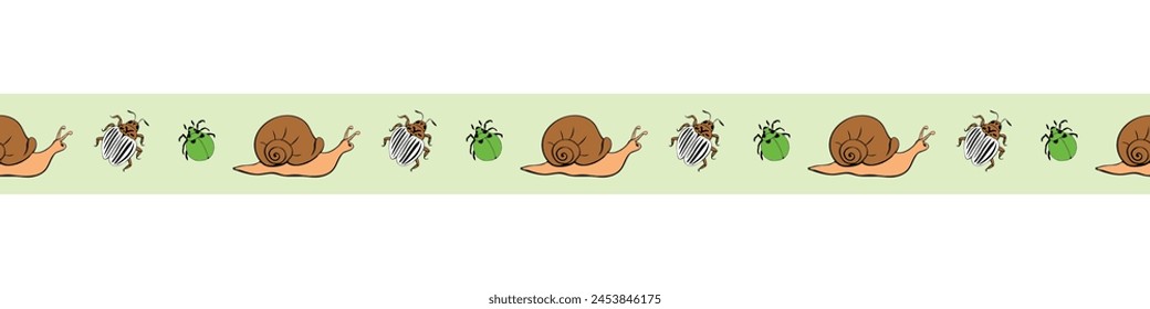 Borde de Vector, cinta, borde de plagas de jardinería, caracoles, escarabajo de la papa de Colorado, insectos áfidos. Tema de jardinería, naturaleza.