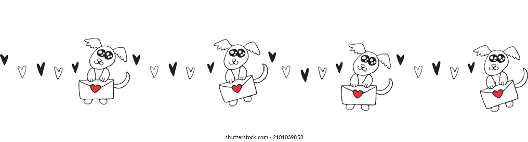 Vector edging, ribbon, border made of Cute contour little dogs with love letters and hearts. Decoration on theme of Valentine's Day, sending and receiving post, confessions of feelings