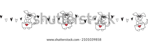 Vector\
edging, ribbon, border made of Cute contour little dogs with love\
letters and hearts. Decoration on theme of Valentine\'s Day, sending\
and receiving post, confessions of\
feelings