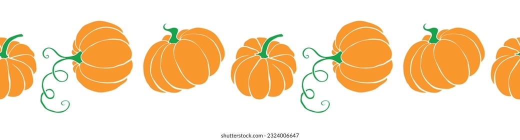 Borde vectorial, cinta, borde de calabazas anaranjadas de estilo plano. Patrón ininterrumpido de otoño, adorno, elemento decorativo, decoración para el diseño estacional, Día de Acción de Gracias