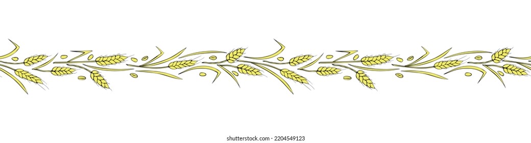 Vector edging, ribbon, border from outline golden wheat spikelets ears in doodle flat style. Autumn ornament, decorative element on theme of bakery products, flour, harvest, Thanksgiving