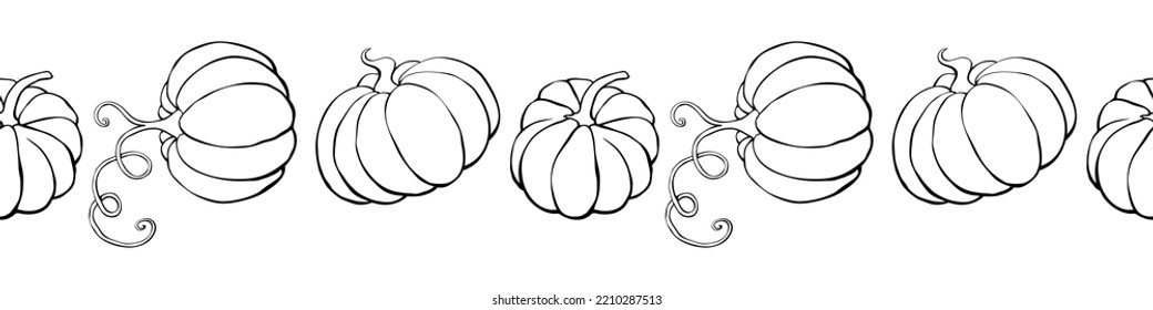 Vector edging, ribbon, border from outline pumpkins in doodle style. Autumn seamless pattern, ornament, decorative element, decoration for seasonal design, Thanksgiving