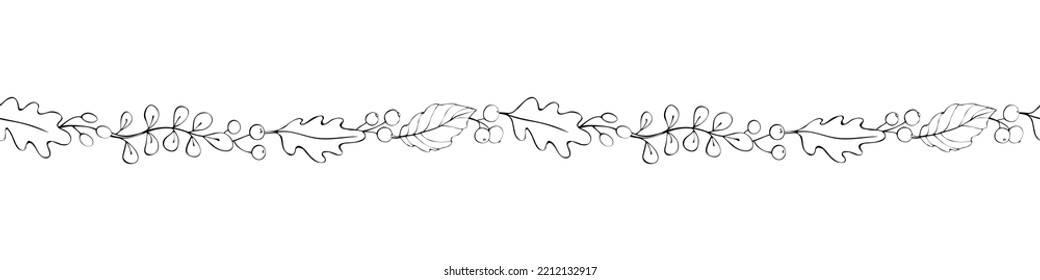 Vector edging, ribbon, border from outline autumn leaves, berries. Nature, autumn, summer seamless pattern, ornament, decorative element, decoration in doodle style