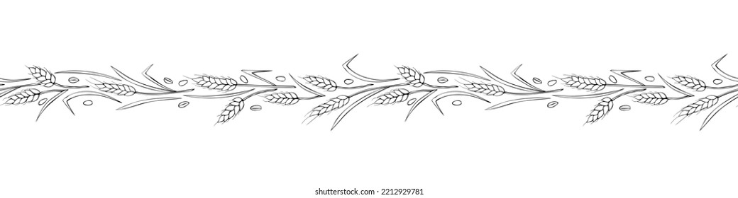 Vector edging, ribbon, border from outline wheat spikelets ears in doodle style. Autumn ornament, seamless pattern, decorative element on theme of bakery products, flour, harvest, Thanksgiving