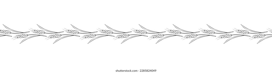 Vector edging, ribbon, border from outline wheat spikelets ears in doodle style. Autumn ornament, seamless pattern, decorative element on theme of bakery products, flour, harvest, Thanksgiving