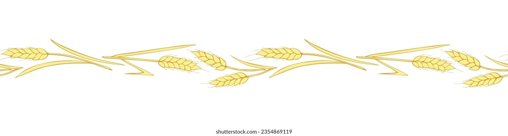 Vector edging, ribbon, border from outline golden wheat spikelets ears in doodle flat style. Autumn ornament, seamless pattern on theme of bakery products, flour, harvest, Thanksgiving