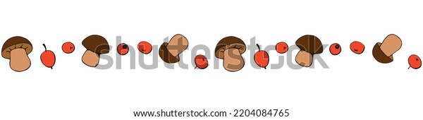 Vector edging,\
ribbon, border from outline color mushrooms, berries on edges.\
Autumn ornament, decorative element, decoration for seasonal\
design, thanksgiving theme and happy\
fall