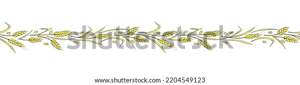Vector\
edging, ribbon, border from outline golden wheat spikelets ears in\
doodle flat style. Autumn ornament, decorative element on theme of\
bakery products, flour, harvest,\
Thanksgiving
