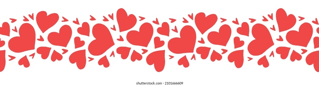 Vector edging, ribbon, border from red hearts. Seamless pattern, ornament, decoration on love romance theme