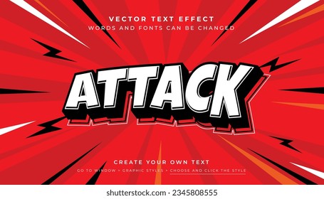 Vector Editable 3D attack text effect. White red comic typography graphic style on abstract red background