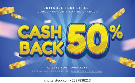 Vector Editable 3D cashback discount text effect. Sale 50% graphic style