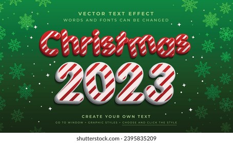 Vector Editable 3D Christmas 2023 text effect. Green Christmas new year graphic style on snow flakes green background