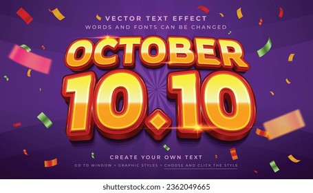 Vector Editable 3D festive discount sale text effect. October 10.10 promotion graphic style on purple abstract background