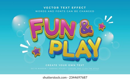 Vector Editable 3D diversión y efecto de texto de reproducción. Estilo gráfico de tipografía infantil colorido sobre fondo abstracto azul