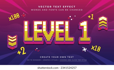 Vector Editable 3D game level text effect. Game start space graphic style on purple blue background