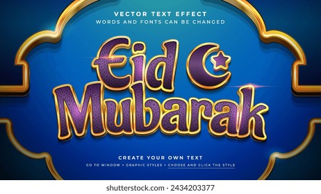 Vector Editable 3D gold eid text effect. Eid mubarak ramadan kareem graphic style on blue background