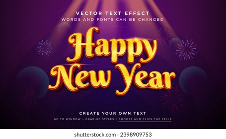 Vector Editable 3D Happy New Year 2024 text effect. Shiny yellow red fireworks graphic style on new year celebration background