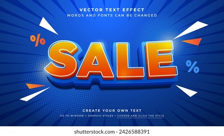 Efecto de texto azul anaranjado 3D editable del vector. Estilo gráfico de la promoción del descuento de la venta sobre fondo azul	