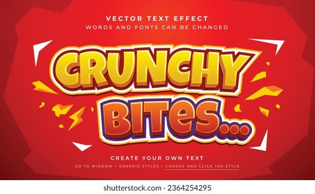 Vector Editable 3D orange red text effect. Crunchy bites snacks graphic style on red background