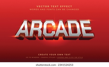 Vector Editable 3D silver arcade text effect. Perspective game action graphic style on red background