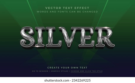 Vector Editable 3D Silver Metallic text effect. Shiny silver steel graphic style on abstract green background