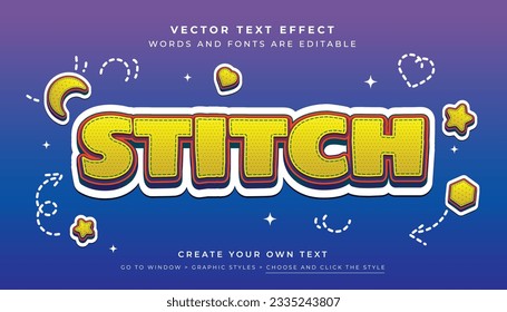 Vector Editable 3D stitch text effect. Yellow fun stich graphic style on abstract blue background