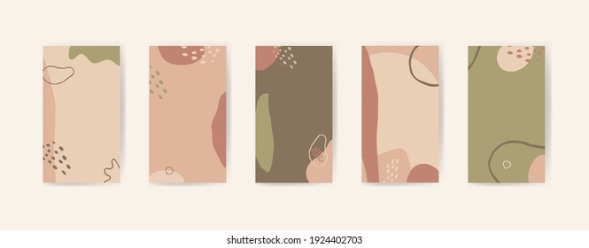 Vector editable abstract artistic creative story templates for social media marketing, phone screen proportions. Vintage fluid organic shapes in neutral colors. Insta stories templates with copy space